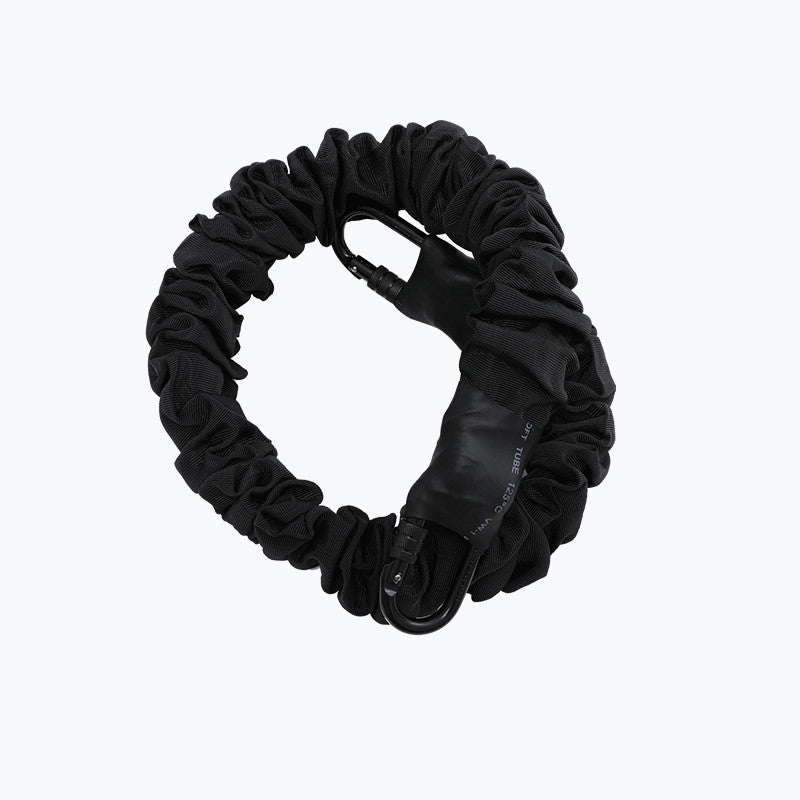 A black carabiner-style bike lock with a textured, gathered fabric body and a black metal carabiner, shown on a plain white background.