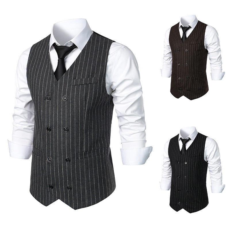 Three views of a pinstripe vest over a white shirt on mannequins.