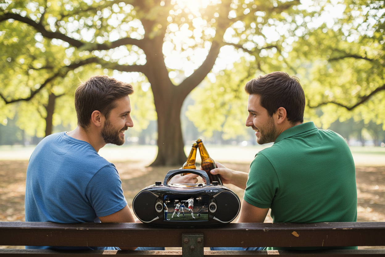 Two people sitting on park bench Black portable stereo with screen displaying a soccer game with trees in background.