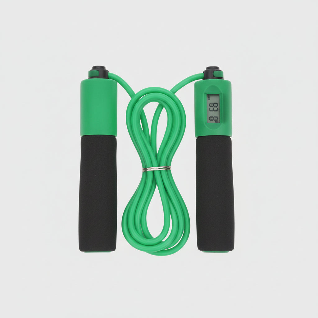 Two jump ropes, one green and black, the other purple and black, on a white background.