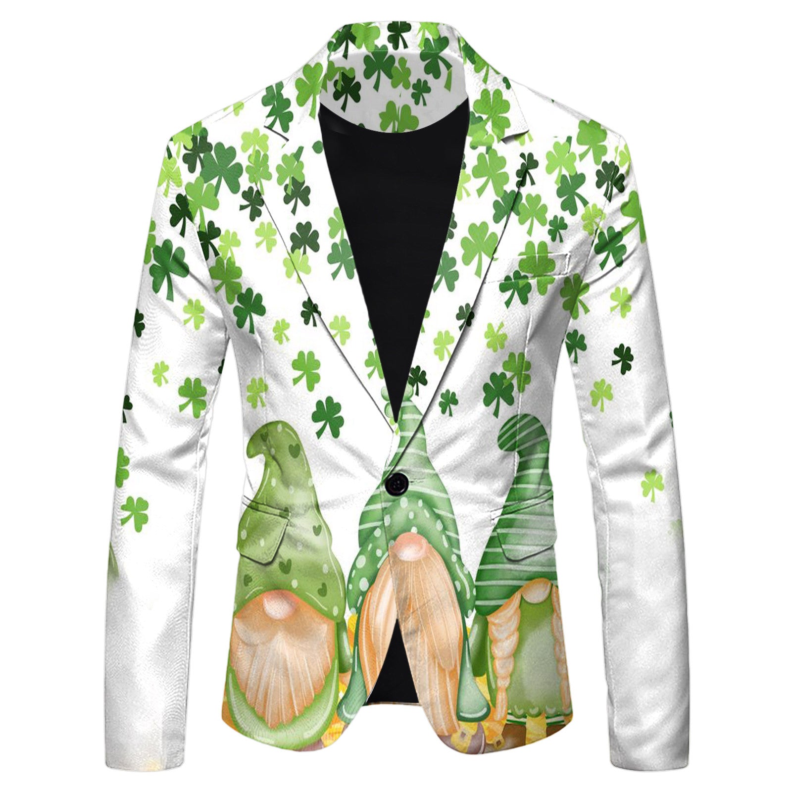 White blazer with green shamrock pattern and mushroom design on a white background