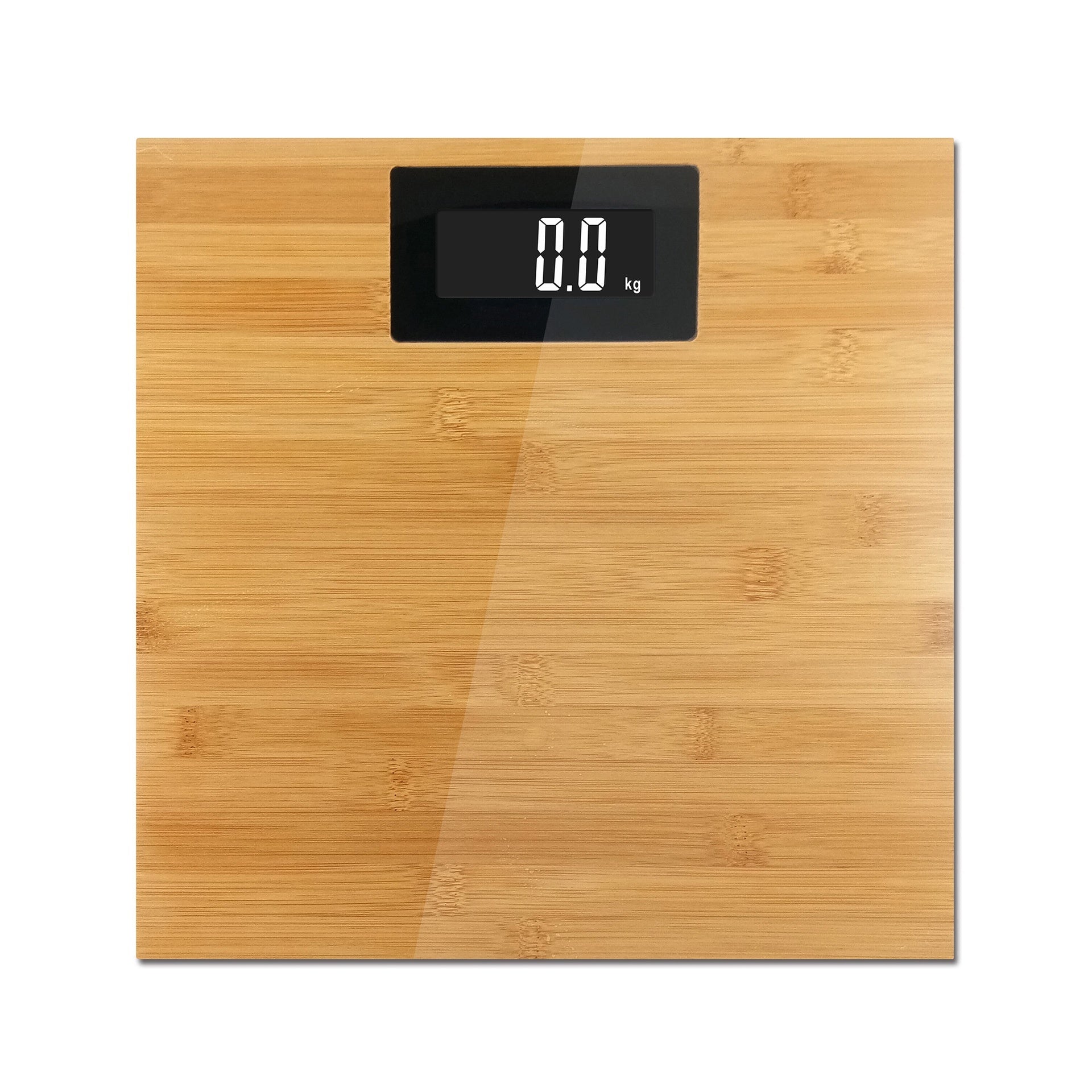 Wooden digital bathroom scale with a clear display on a white background