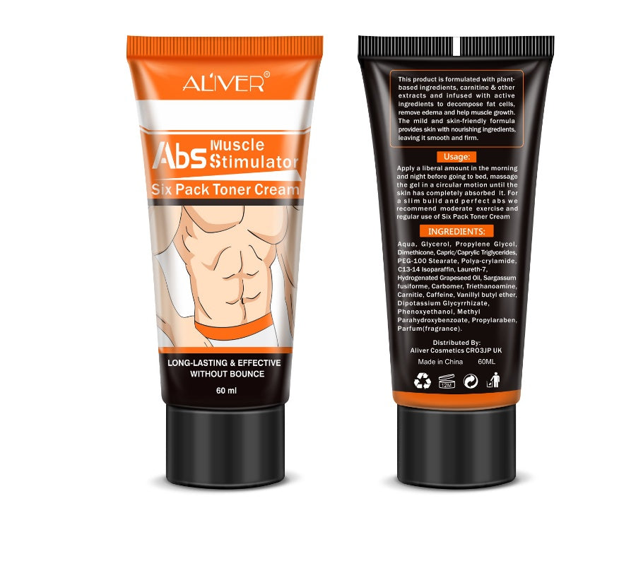 Two tubes of 'Al'iver Abs Muscle Stimulator Six Pack Toner Cream' on a white background