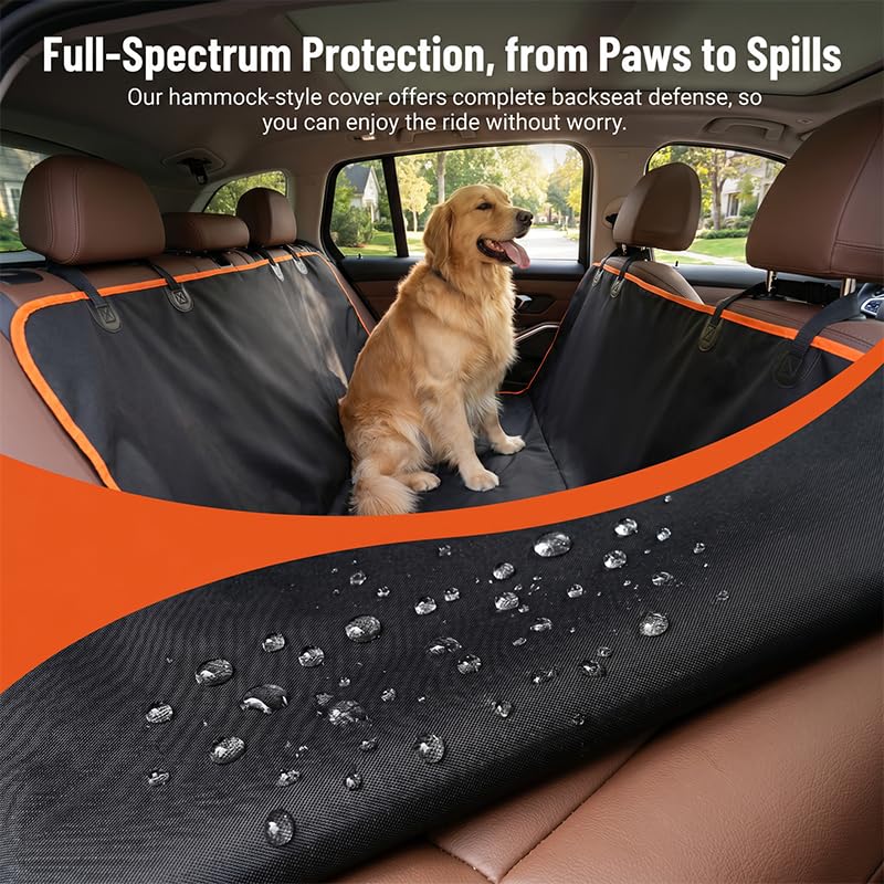 A golden retriever sits on a black and orange car backseat cover installed across the rear seats of a vehicle. The cover includes a large water droplet demonstration on the front section and marketing text at the top about full-spectrum protection from paws to spills.
