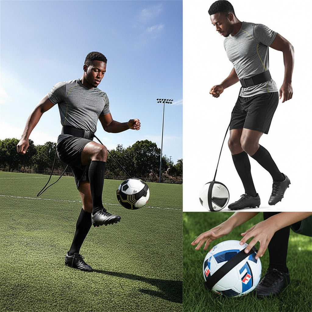 Black athlete using a soccer training device on a grass field with close-up shots of the device in action.