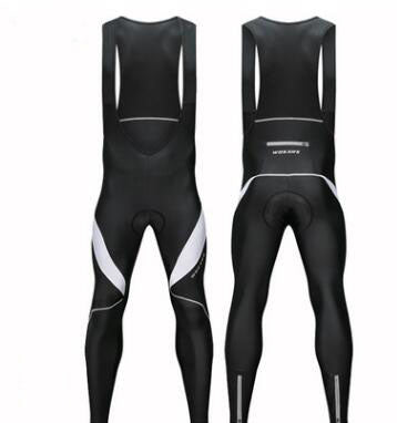 Black cycling bib shorts with white accents on a white background