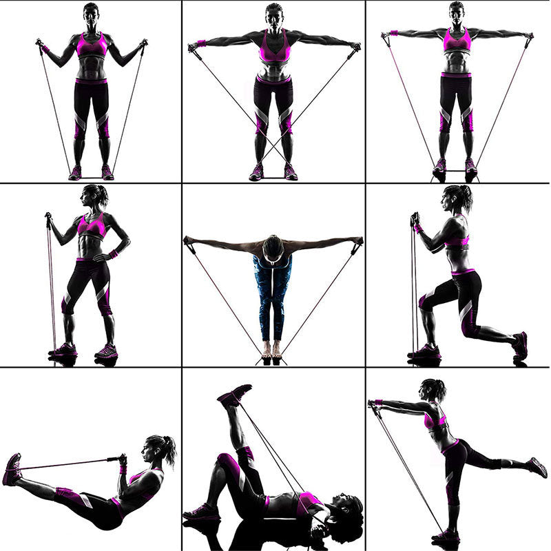 Grid of a woman performing various resistance band exercises on a white background