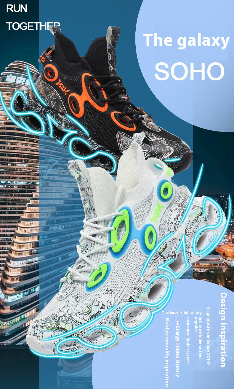 Two futuristic sneakers with neon accents against a cityscape background, featuring the text 'The galaxy SOHO'.