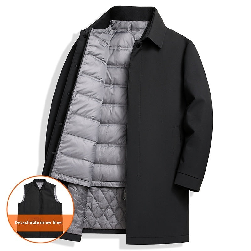 Black coat with gray detachable inner liner on a white background