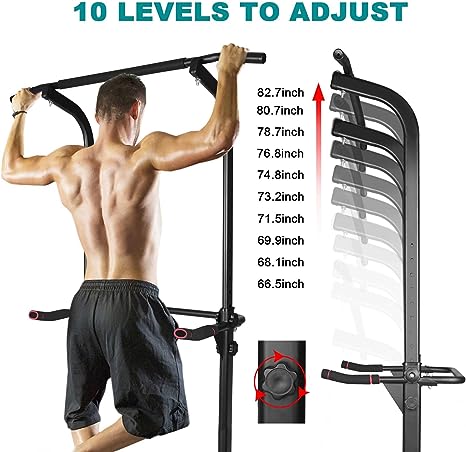 Man using a pull-up bar with adjustable height settings shown on a white background