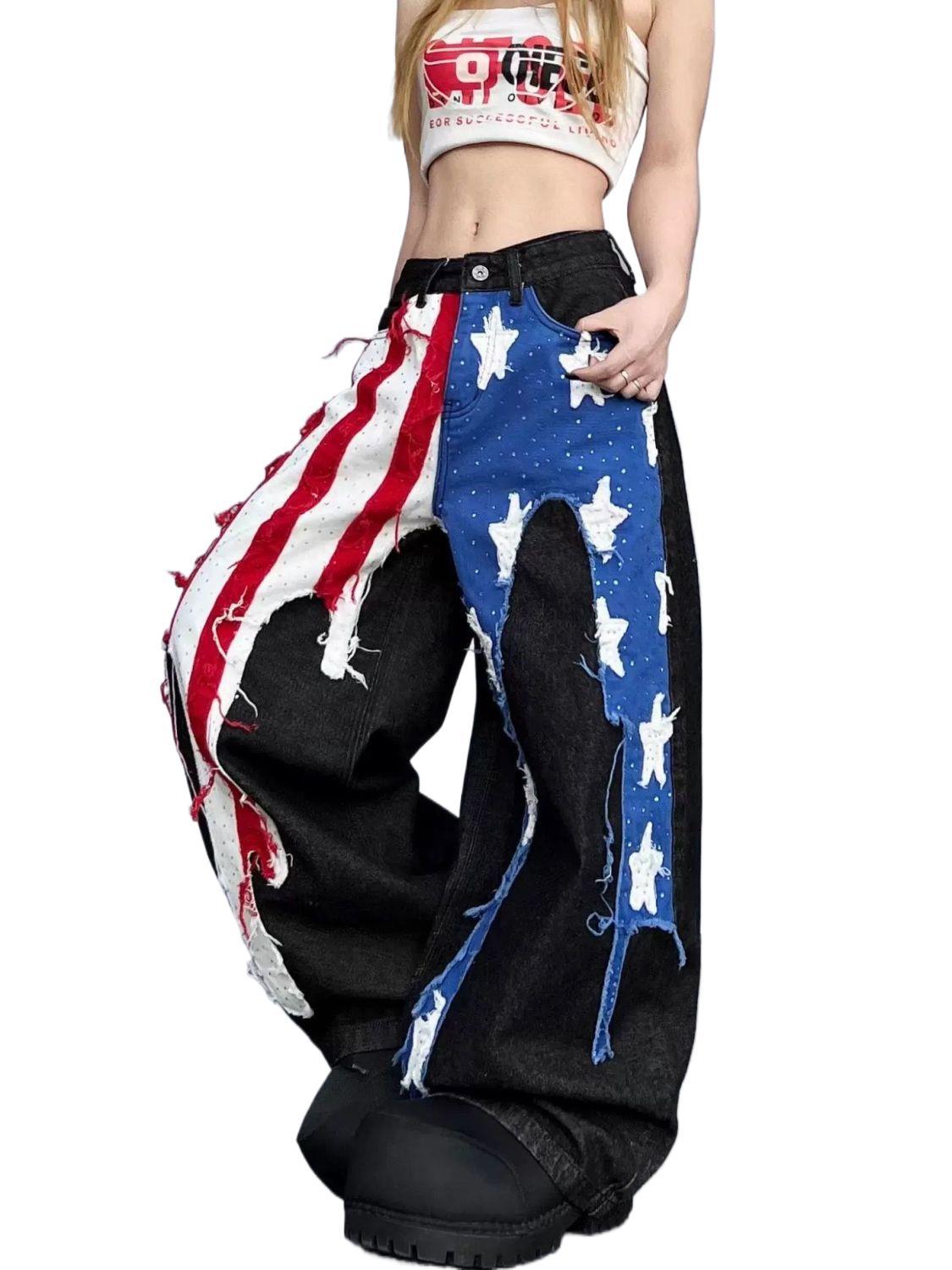 Person wearing a unique pants design with American flag and star patterns on a white background