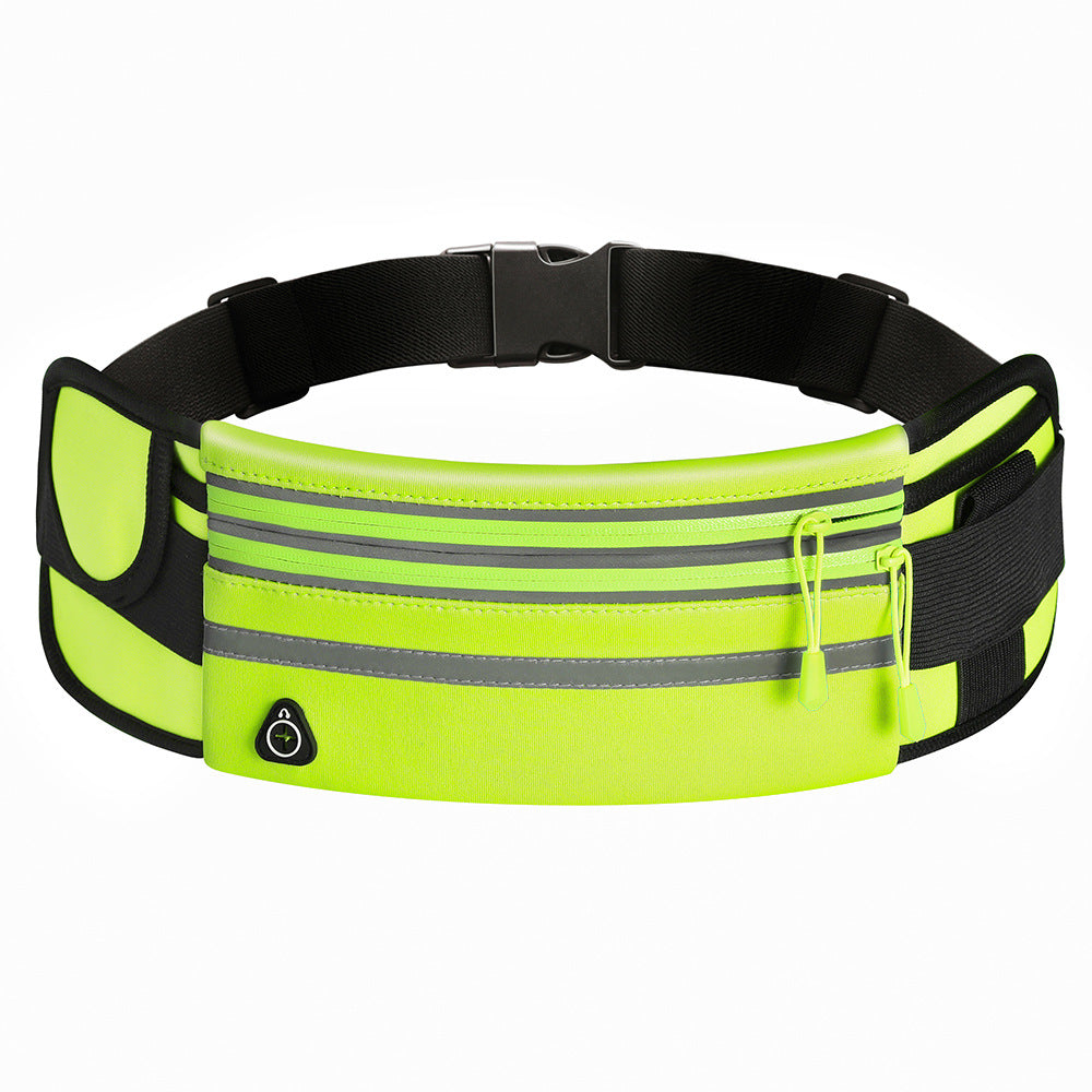 Neon green waist bag with reflective stripes on a white background
