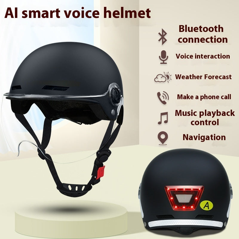 Black AI smart voice helmet with features listed on a beige background