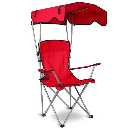 Red camping chair with canopy on a white background