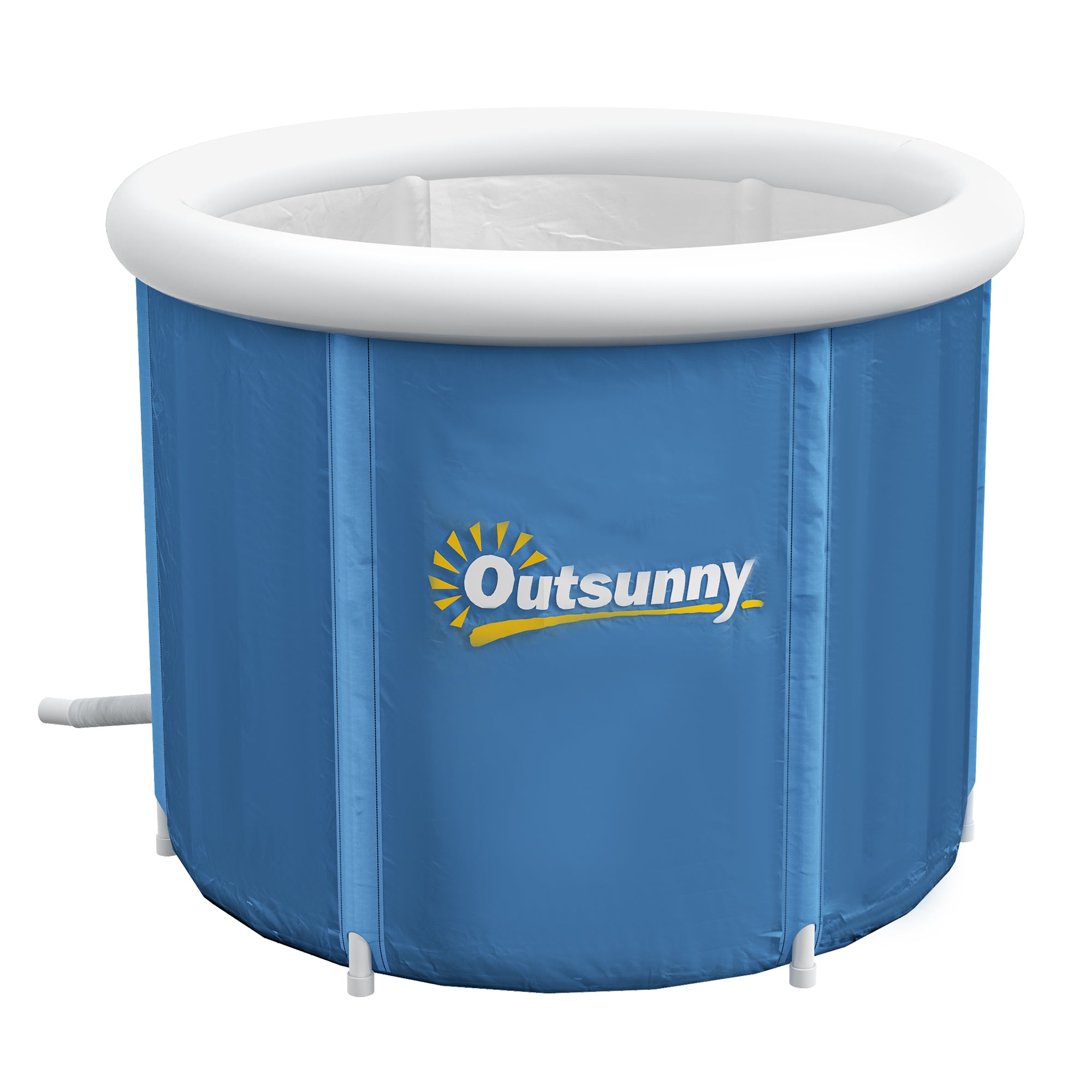 Blue inflatable pool with white rim and Outsunny logo on a white background