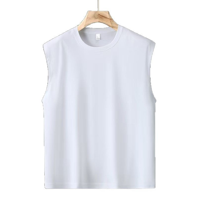 White sleeveless shirt on a wooden hanger against a white background