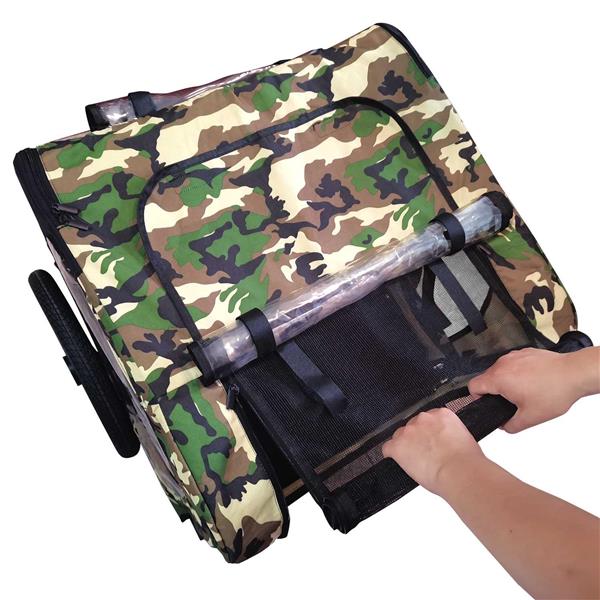 Camouflage-patterned folding chair with a hand visible on a white background
