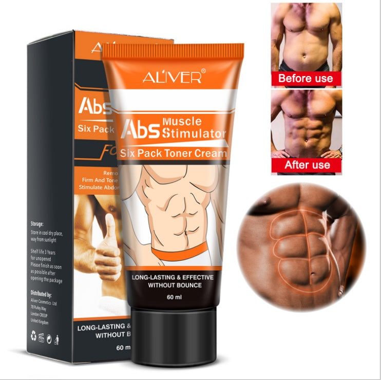 Aliver Abs Muscle Stimulator cream packaging with before and after images on a white background