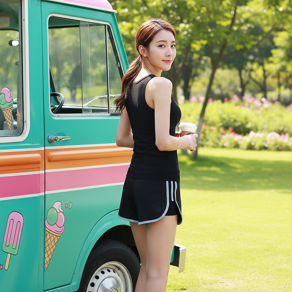 Person wearing black athletic shorts  with white stripes outdoors ice cream truck in background.