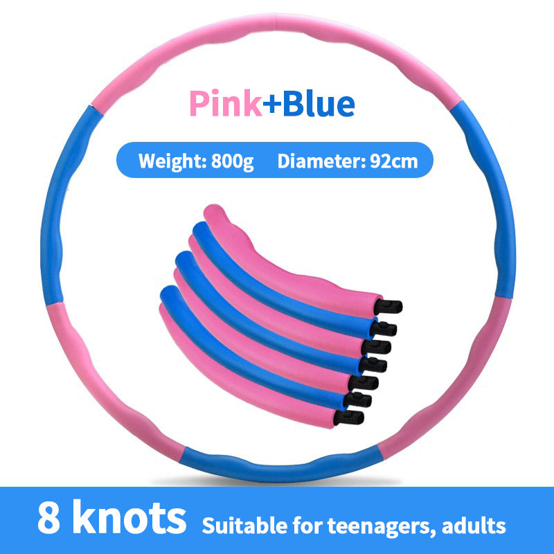 Pink and blue hula hoop with weight, diameter, and knot information on a white background
