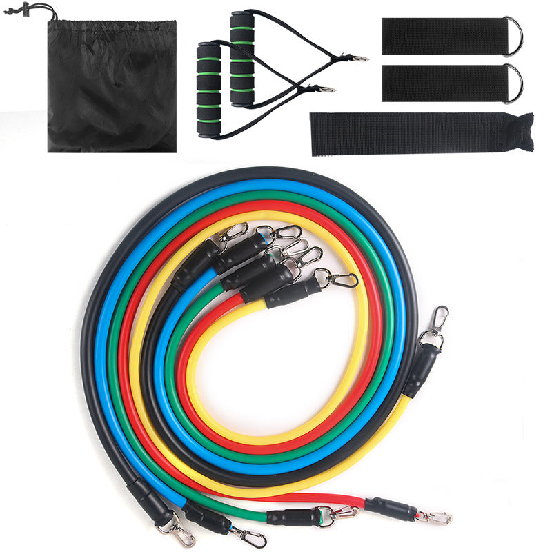 Set of resistance bands with handles and attachments on a white background