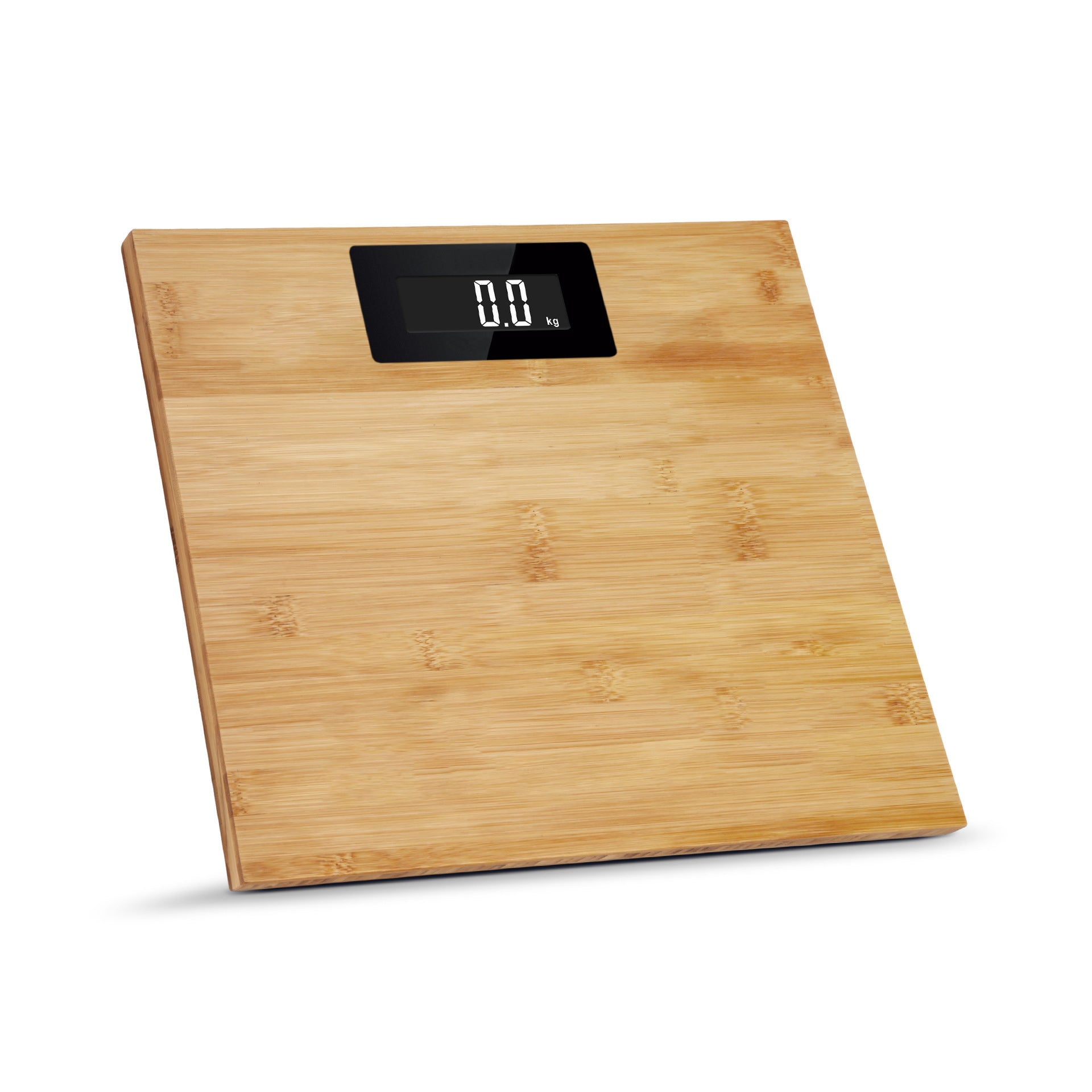 Wooden digital scale with a digital display on a white background