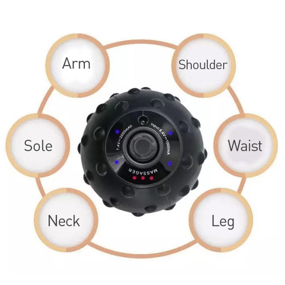 Black massage ball with labeled parts on a white background