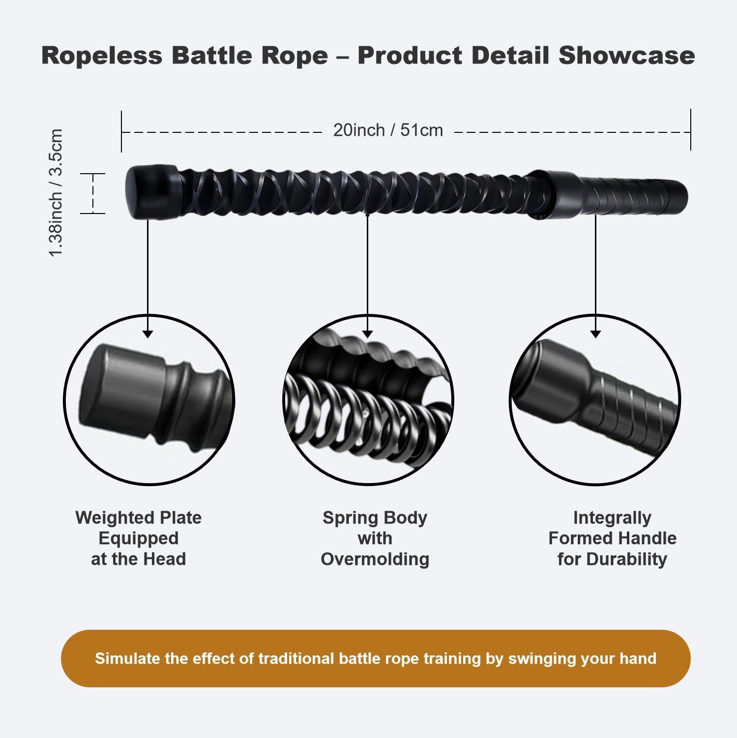 Ropeless battle rope with detailed features and measurements on a white background