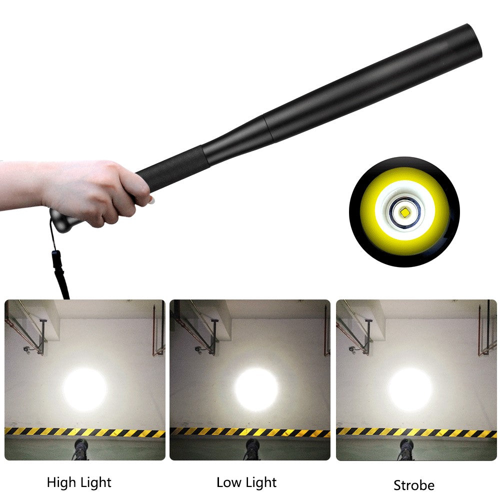 Black bat-shaped flashlight held by a hand with light display modes shown.