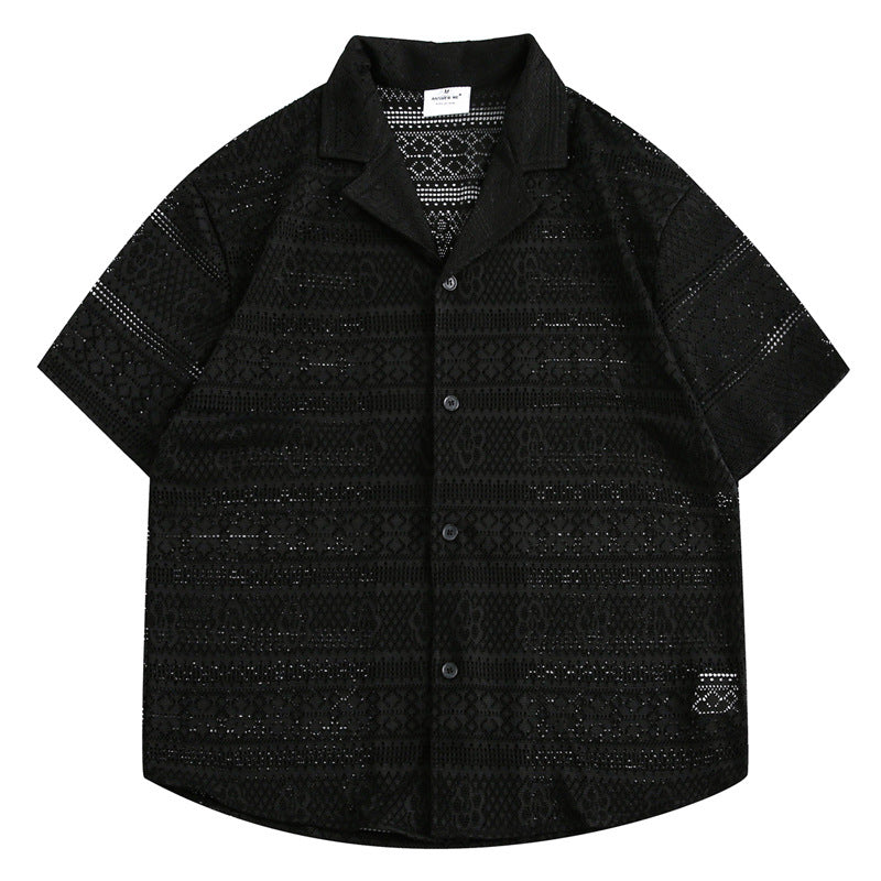 Black textured shirt with short sleeves on a white background