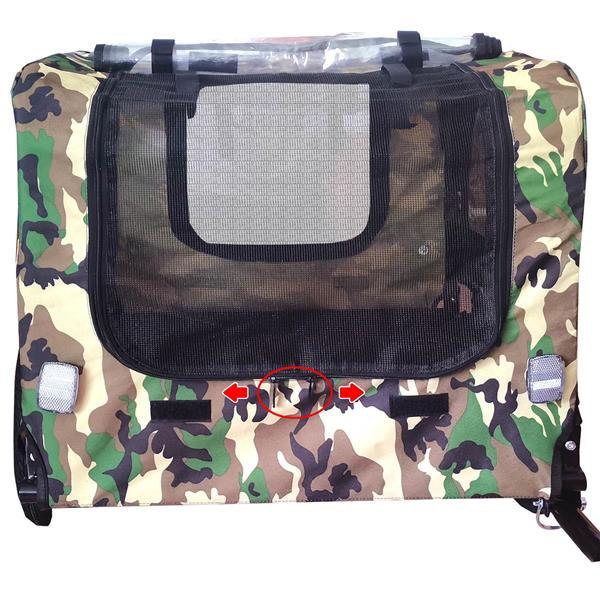 Camouflage-patterned pet carrier with mesh door on a white background