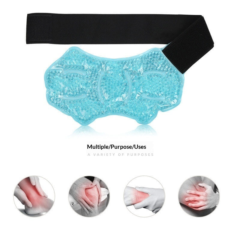 A light blue gel cooling pad with a black elastic strap, shown on a white background with four circular inset images demonstrating use on wrists, shoulders, and hands.