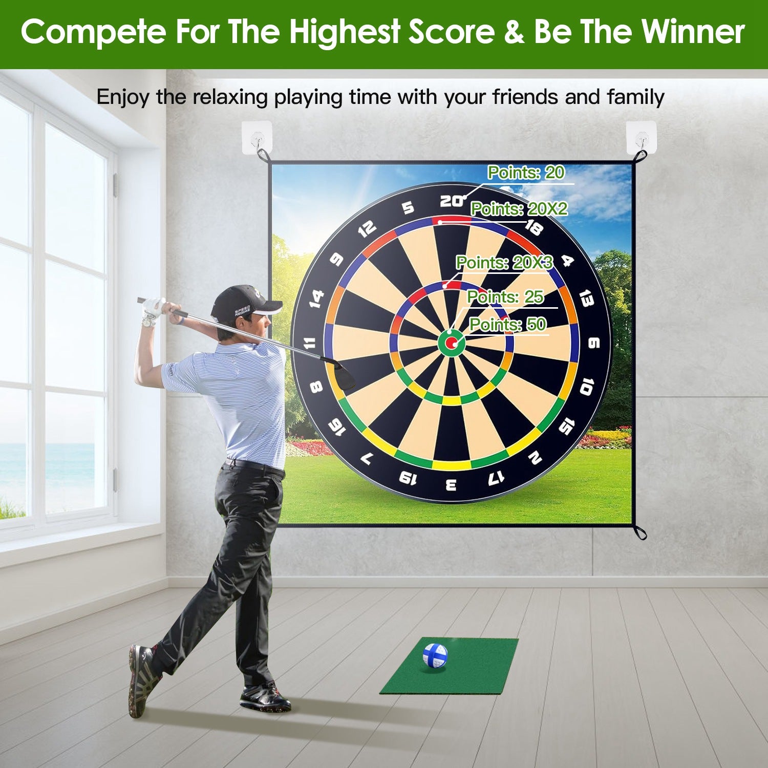 Man playing golf with a large screen displaying a golf course and score, with text encouraging competition and relaxation.