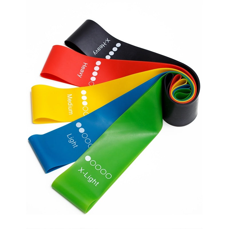 Set of resistance bands in different colors with labeled resistance levels on a white background.