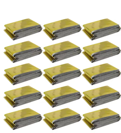 Multiple folded yellow and gray reflective safety panels stacked together.