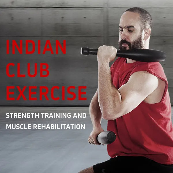 Man holding an Indian club with text about strength training and muscle rehabilitation.