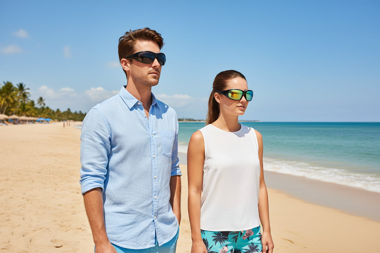 Two pairs of sunglasses with different lens colors on a white background