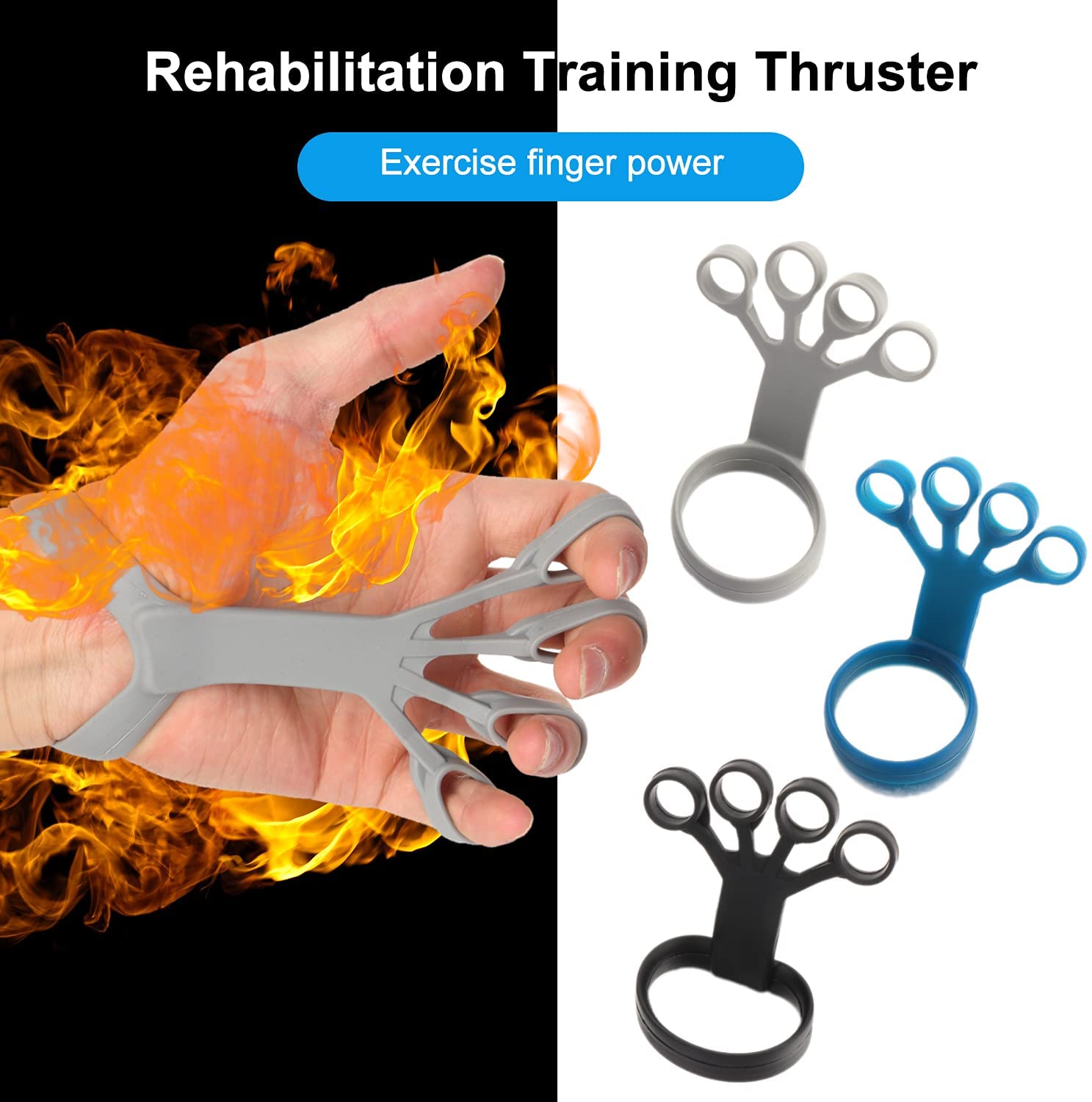 Rehabilitation Training Thruster with flames and three color options on a white background