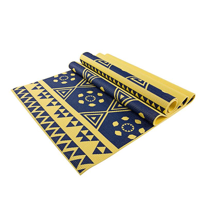 Yoga mat with blue and yellow geometric pattern on a white background