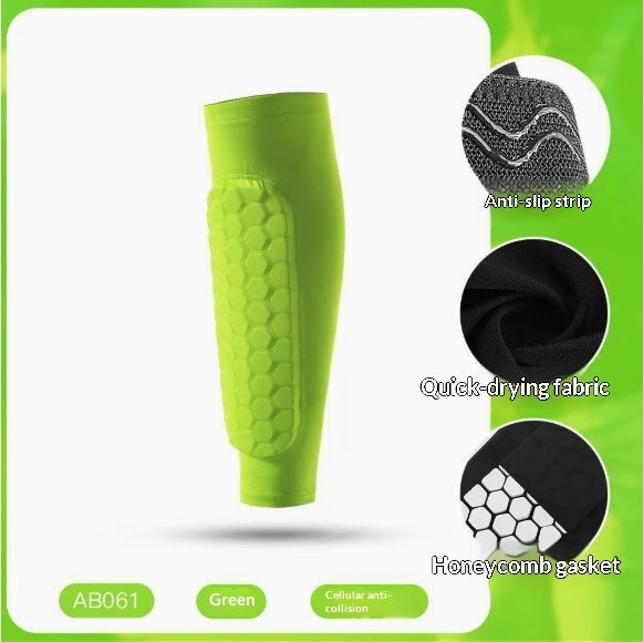 A bright green protective shin guard sleeve with a honeycomb texture, shown on a white background with three circular feature callouts on the right highlighting anti-slip strip, quick-drying fabric, and honeycomb gasket details.