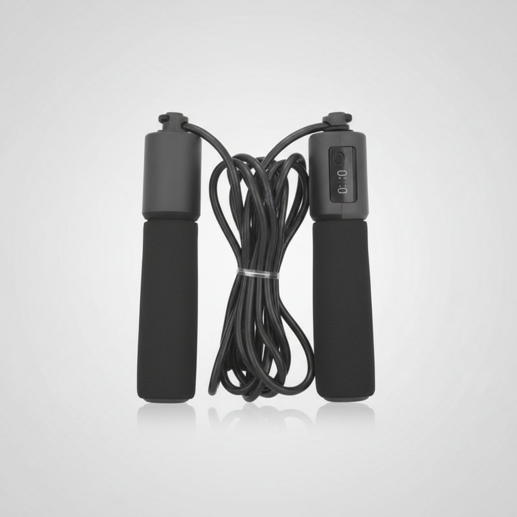 Two jump ropes, one black and one green with a cable, on a white background.