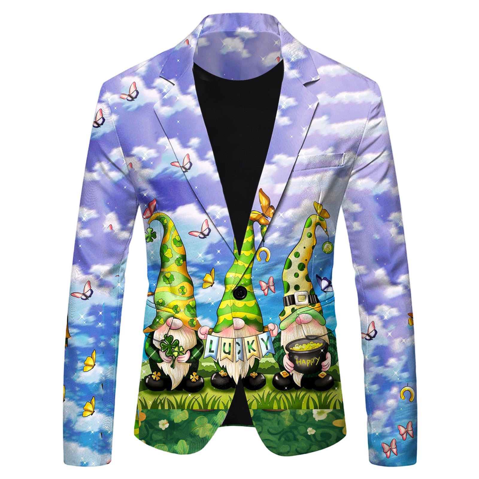 Colorful blazer with gnome and sky design on a white background