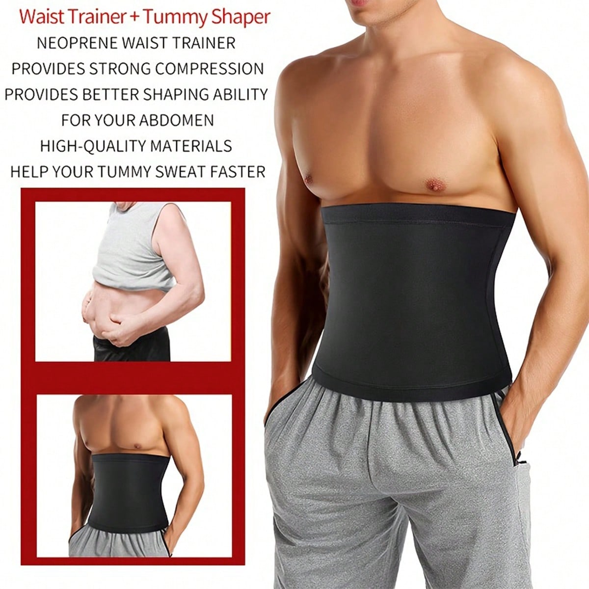 Black waist trainer being worn by a person with promotional text about its benefits.