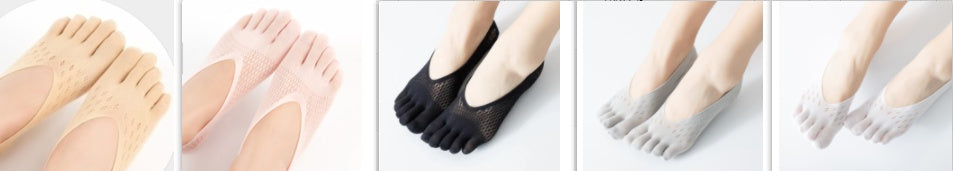 Set of five pairs of toe-separated socks in different colors.