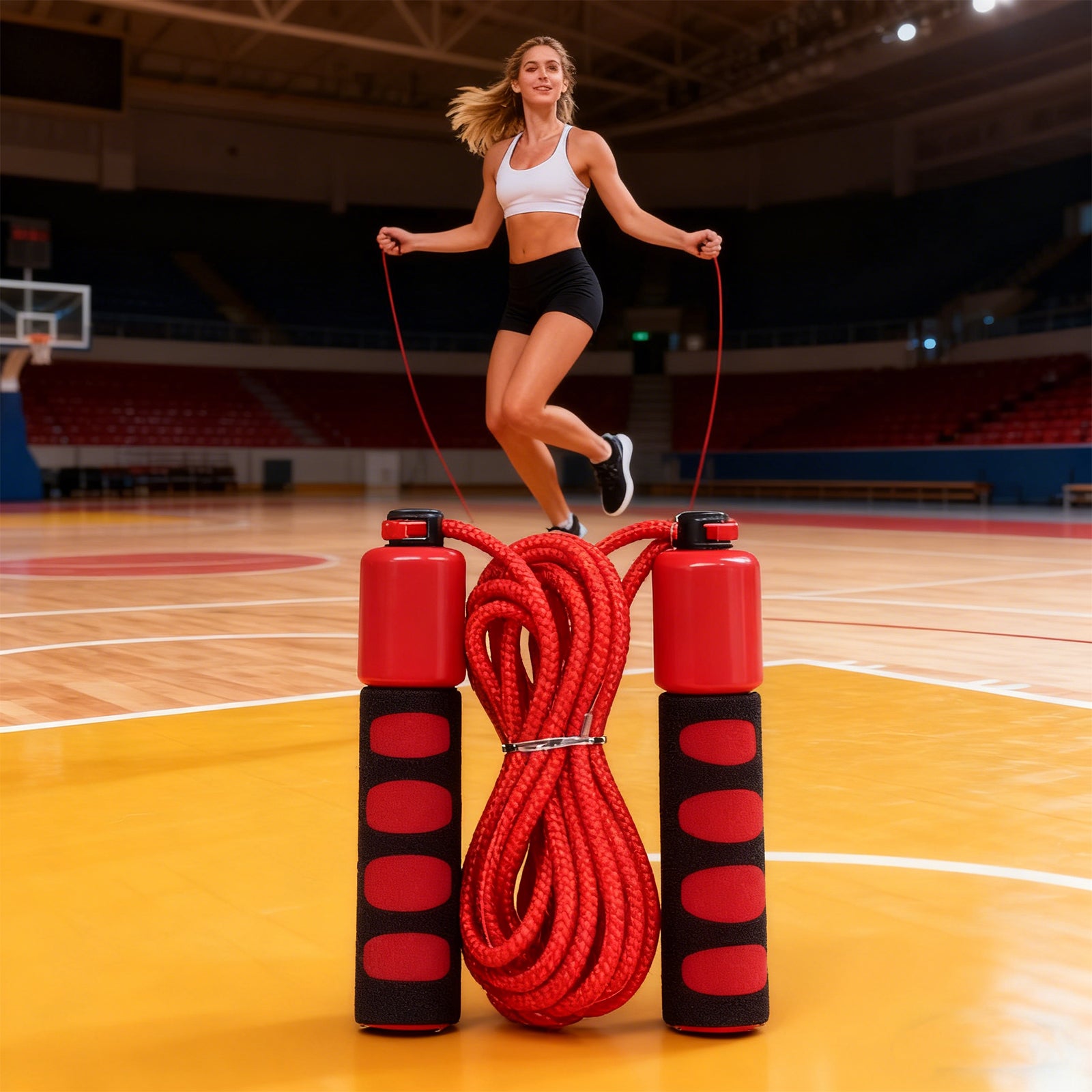 Woman jumping rope on a basketball court with red and black jump rope