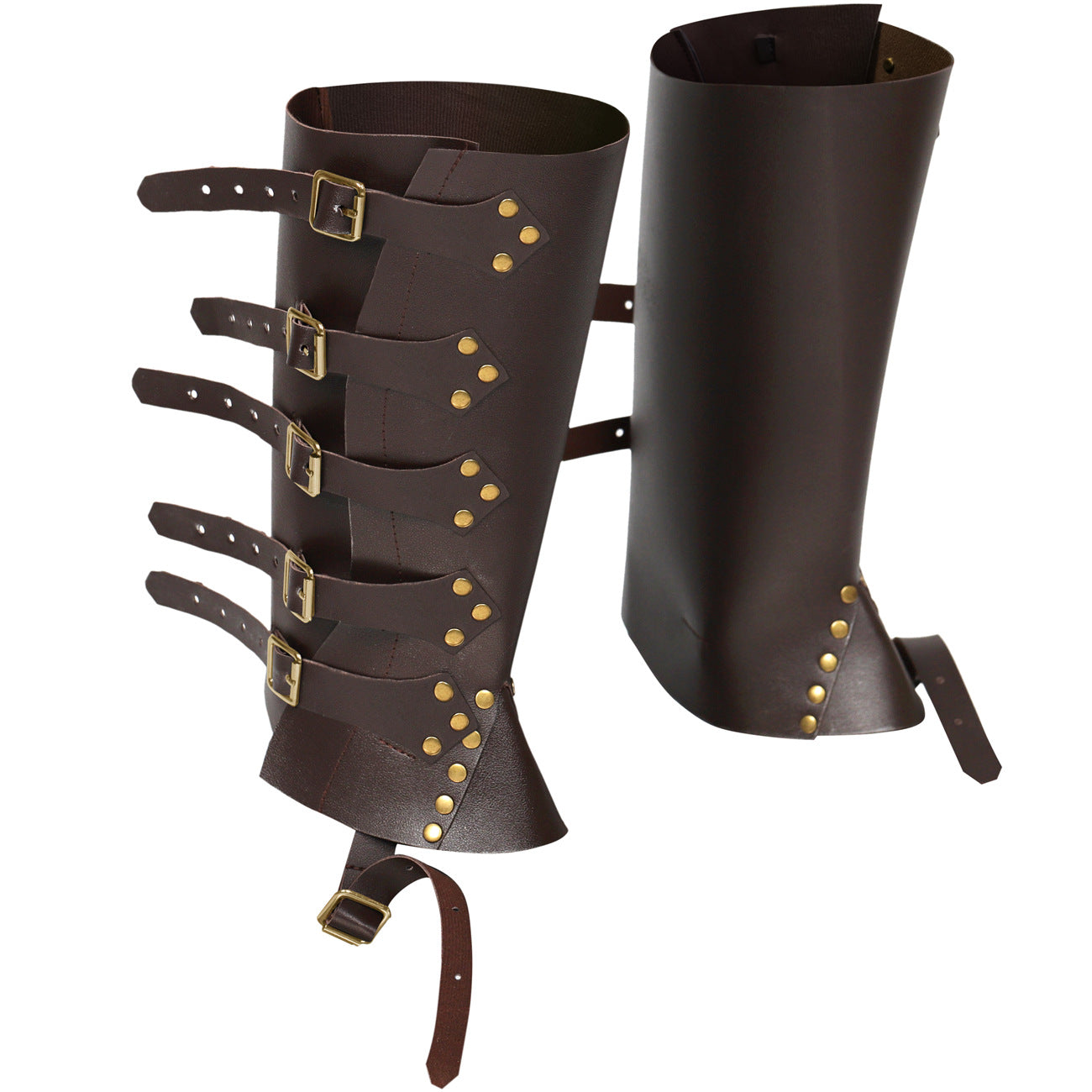 Pair of brown leather leg guards with gold buckles on a white background