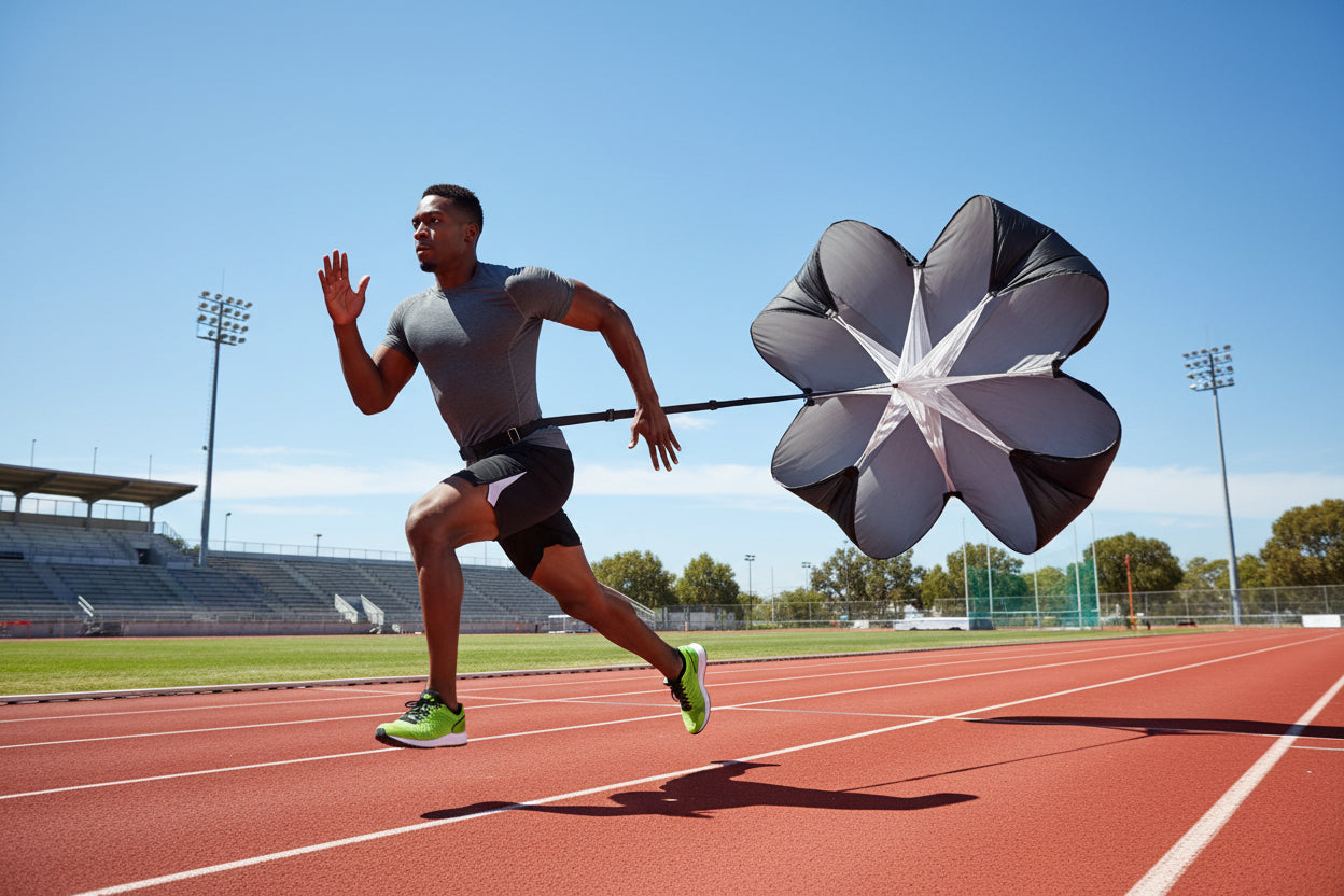 Person running with a sports training device and colored bags on a white background