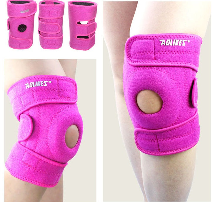 Pink knee pads with 'Aolikes' branding on a person's knee, with additional pads shown above.