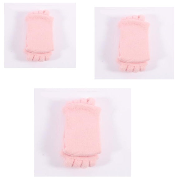 Three pink baby booties on a white background