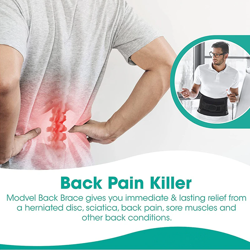 Advertisement for a back pain brace showing a person with back pain and an inset of a person wearing the brace.